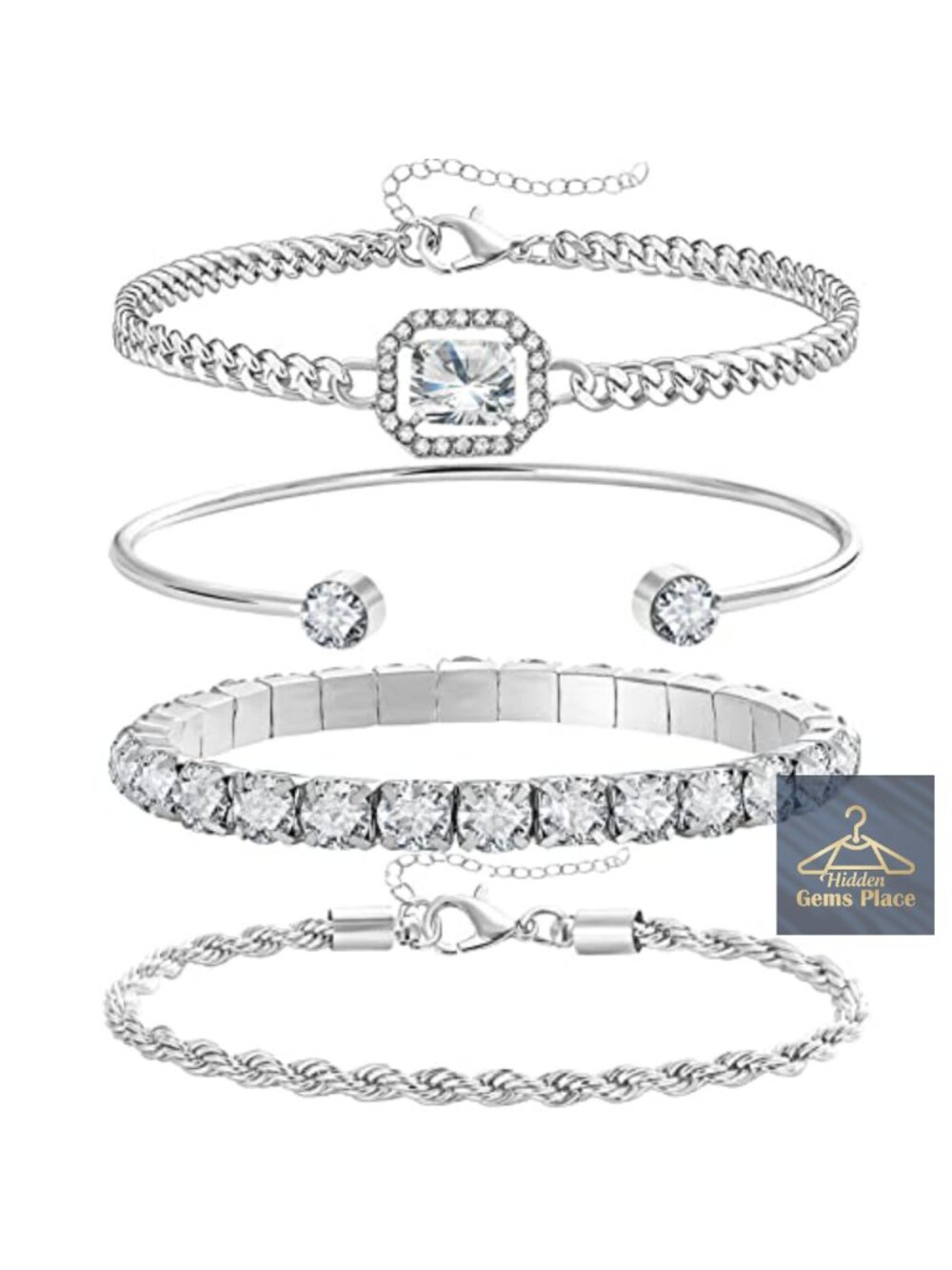 14K Plated Silver Bracelet Set - Link Cubic Zirconia Paperclip Stake Layering